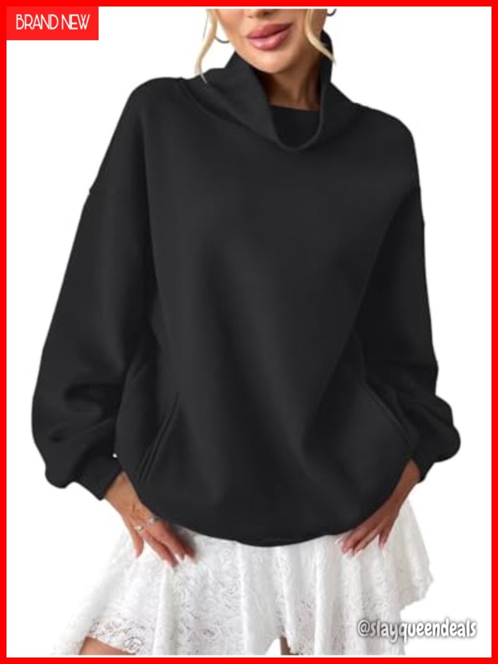 Oversized Fleece Turtleneck Sweatshirt Pullover Top with Pockets